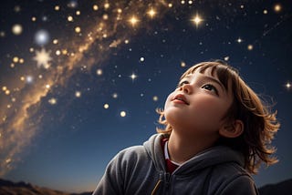 A child looking up at the stars with a curious expression on their face. This picture represents the curiosity and open-mindedness of entrepreneurs.