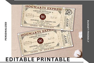 Platform 9¾ Tickets Canva Template, Hogwarts Express ticket template, Harry Potter Party invitations