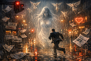man running through a rainstorm of angels