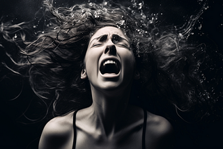 Digital illustration of a woman with long hair screming underwater, a symbolic representation of what having an autistic meltdown can feel like. Image created by Karistina Lafae.