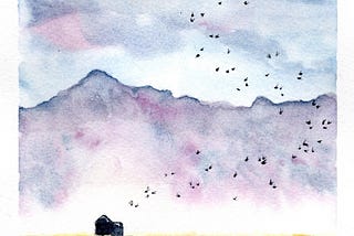 a watercolor painting of a grassy field and house against a foggy mountain and sky, with birds flying in a zigzag formation