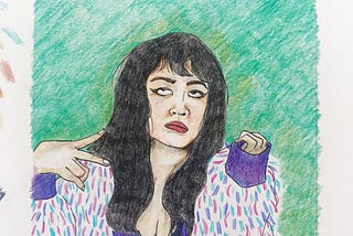 Young Asian woman with long black hair rolls her eyes while showing a peace sign. She wears a white, pink and purple jacket against a bright green wall. Illustrated with colour pencil.