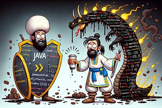 A cartoon Cossack warrior in traditional Ukrainian attire, confusedly holding a Java-labeled shield and a coffee cup, faces a JavaScript code dragon