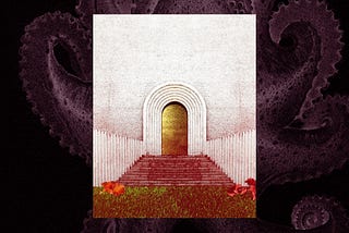 A golden door and steps on a swirling background