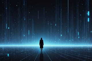 Pensive representation of a person standing alone in a dark room evoking digital emotion and loneliness through a high fidelity visual interpretation of isolation.