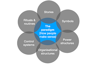 The culture web is a Venn diagram, showing the overlapping factors which create a culture or ‘organisational paradigm’. In the centre is a circle representing this paradigm or sense making framework, around this circle are factors which affect it. They include Stories, Symbols, Power structures, Organisational structures, control systems, rituals and routines.