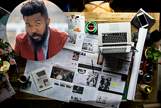 Newspapers, a laptop, a cellphone, and a vase of flowers on a table, with a circular headshot of Joshua Bennett on the upper left corner.