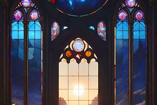 A piece of artwork of a large stained glass window, with a circle at the top with equal blue and orange, under is a doorway where the sun shines through and on both sides two enlongated windows of blue topped with three purple circles, there are two vases on each side filled with flowers, the floor reflects all the colors of the stained glass window