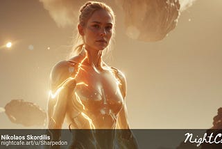 Image of a beaitiful blonde woman, seemingly on an alien planet, with a strange suit made of metal that appears to radiate energy. Two large rock like objects can also be seen floating behind her.