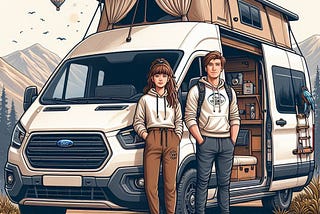 A couple standing in front of their white Ford Transit van converted into a home on wheels, with a tentbox on top. They even have a parrot! Some mountains and a hot-air balloon in the background.