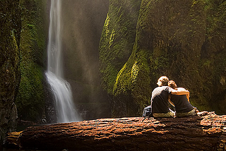 Enjoying the view at Lower Falls in Oneonta Gorge, Oregon, USA