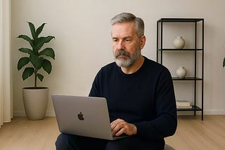 A designer in his 60s sitting on a pouf while typing on a MacBook