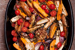 Ottolenghi’s roasted parsnips and sweet potatoes with caper vinaigrette