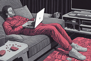 An illustration of a man in his pyjamas slouching on a couch at home, his laptop balancing on his knees, some food on the coffee table nearby.