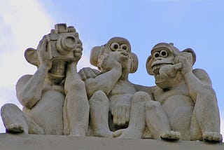 A photo of a statue in Waterloo Park in the UK, the modern day depiction of the Three Wise Monkeys!