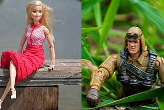 (Left) A picture of a Barbie doll, dressed in pink; (Right) a picture of a G.I. Joe action figure, dressed in gear, in the grass)