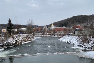 Montpelier, Vermont on a cold winter morning — view from bridge heading into town.