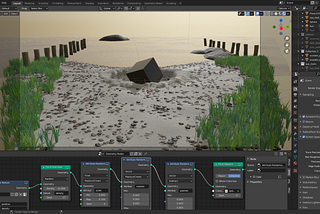 A screenshot of a scene and the user interface in modern Blender versions. It’s a scene of a beach with a lot of rocks and dune grass and an ocean with a sunset. The userface is dark gray and you can see a node editor at the bottom.