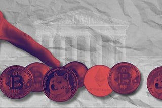 a row of Dogecoins over a translucent photo of the Supreme Court building