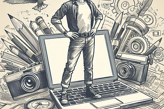 A man standing on top of his laptop with a bird, pencils, gears, and other items in the background.