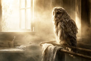 A thoughtful owl perches on a bathroom towel rack in the early morning while quietly observing the room as though preparing to offer important advice.