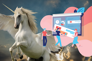 An illustration of people designing a user interface with a picture of a unicorn behind them.