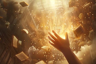 An ethereal educational scene where a small child’s hand reaches up toward a luminous protective dome. The dome is artistically crafted from overlapping books, diplomas, and educational symbols glowing with warm golden light that breaks through dark storm clouds above.