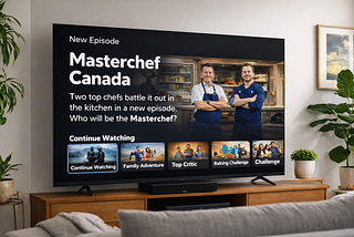 TV screen shows “Masterchef Canada” episode with two chefs, kitchen background. Menu below includes options like “Top Critic.” Room has plants.