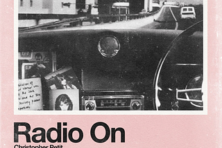 Poster for the 1979 film Radio On with pale pink background and black-and-white collage photo of car in an urban background.