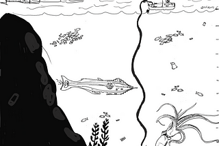 A black and white illustration of the San Francisco bay and an underwater diver going deep in the water for a treasure box of “why”. The Why treasure is on the ocean floor 20'000 leagues beneath the surface. Ocean includes fish, an giant squid and the Nautilus from Jules Verns 20'000 leagues under the sea book.