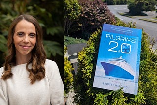 Author Lindsey Harding with her latest novel Pilgrims 2.0