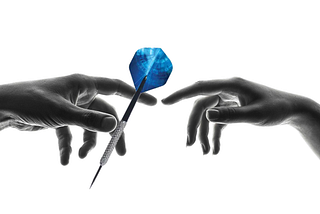 The hand of God and the hand of man meeting on a white background, only edited to include a blue dary