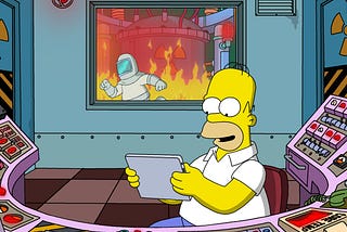 Homer Simpson on an iPad while nuclear power plant burns behind him