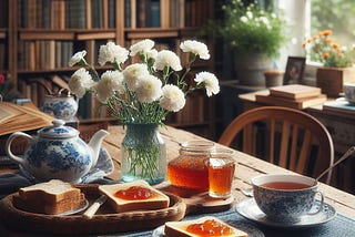 image of a rustic table set with toast marmalade and tea, bookshelves and large window in the backgound