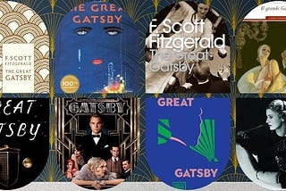 A collage of covers and adaptations of The Great Gatsby by F. Scott Fitzgerald.