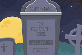 Illustration of a tombstone with ‘RIP Product — 2025’ engraved, symbolizing a software product failing due to misused AI, minimalistic style