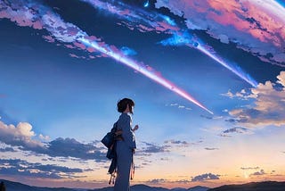 A girl standing alone beneath sky, image from anime movie “suzume no tojimari”.