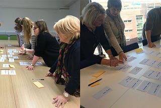 People standing around a table going through a card sorting exercise