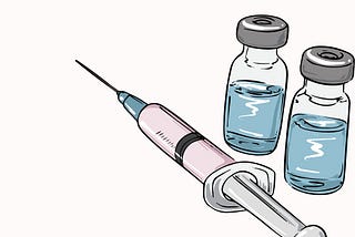 A syringe and two small bottles of liquid