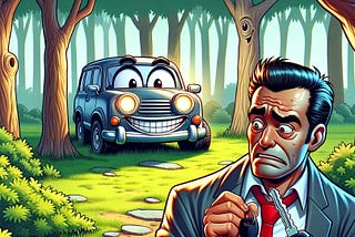 A tranquil park where an anthropomorphic car, sporting a mischievous grin and partially hidden behind a copse of trees, quietly chuckles. The car’s headlights peek out slightly, enjoying the game of hide and seek. In the foreground, a very worried-looking man holds car keys and scans the area with a panicked expression. He’s clearly distressed as he searches for the chuckling car.