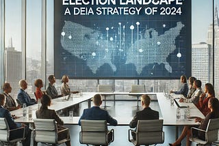 A professional, thought-provoking image depicting a strategy meeting room with diverse individuals discussing DEIA strategies in the post-election landscape
