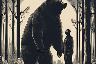 A bear and a man in a forest at night.