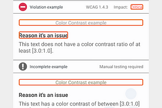 Screenshot of Google finding contrast violations