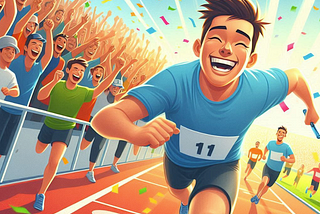 The image depicts a joyful scene of a young man sprinting to victory on a track, with a wide, beaming smile on his face. He is wearing a blue t-shirt with the number “11” on his chest. The background shows a large, enthusiastic crowd cheering him on, with confetti flying in the air, adding to the celebratory atmosphere. Other runners can be seen in the distance, but the focus is on the leading runner who is about to cross the finish line. The image captures the excitement and triumph of winning.