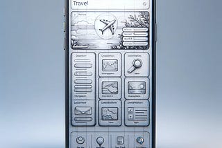 ChatGPT generated image showing a pencil sketch version of a user interface for an iOS travel app