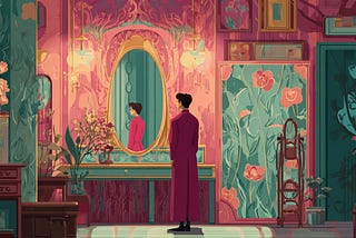An illustration of a person in an ellaborately decorated room wearing a red robe staring at their reflection in a large ornate gold mirror.