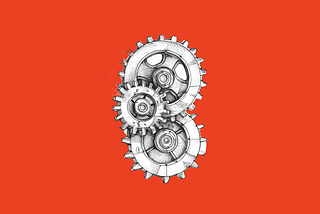 line drawing of three gears and an orange background