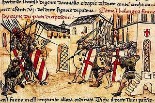 Depiction of a 14th C. fight between the militias of the Guelf and Ghibelline factions in the Italian commune of Bologna, from the Croniche of Giovanni Sercambi of Lucca.