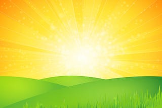 Landscape of green pasture and bright yellow sun shining in background