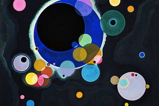 Wassily Kandinsky’s “Several Circles.” In this painting there are about 40 circles of different sizes and colors, some of them overlapping and some not. The background is black. Photo from WikiArt. Public domain.